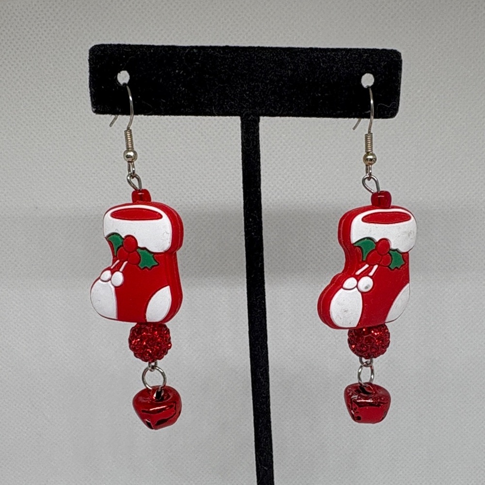 Handmade Christmas Stocking Rhinestone Bell Earrings - Picture 4 of 13